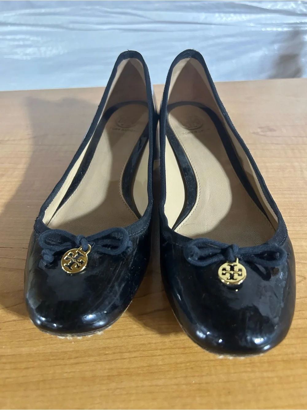 Tory Burch Black Patent Low Block Heel Pumps with Gold Logo